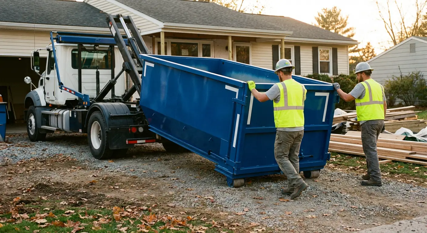 Construction dumpster delivery truck in action in Waynesboro, GA