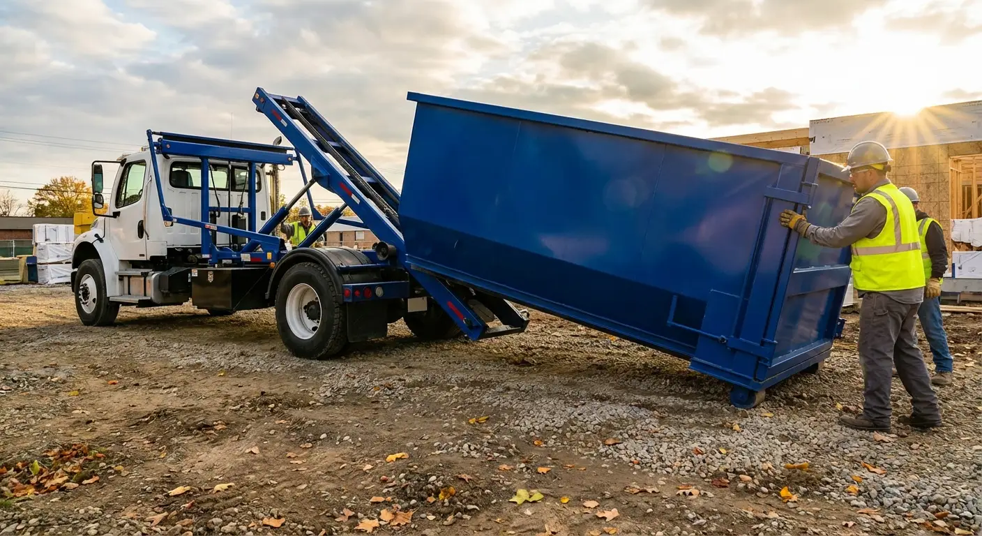 Construction dumpster delivery truck at job site in Waynesboro, GA