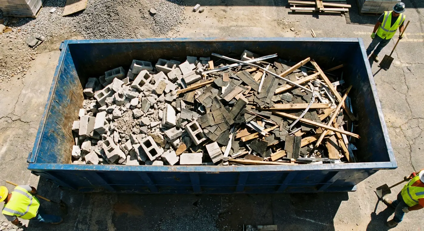 Roll-off dumpster loaded with construction debris in Waynesboro, GA