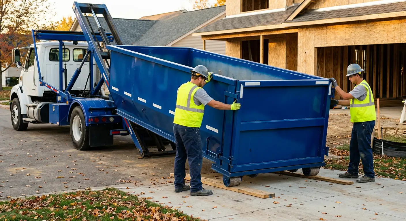 Roll-off dumpster delivery truck in residential area in Waynesboro, GA