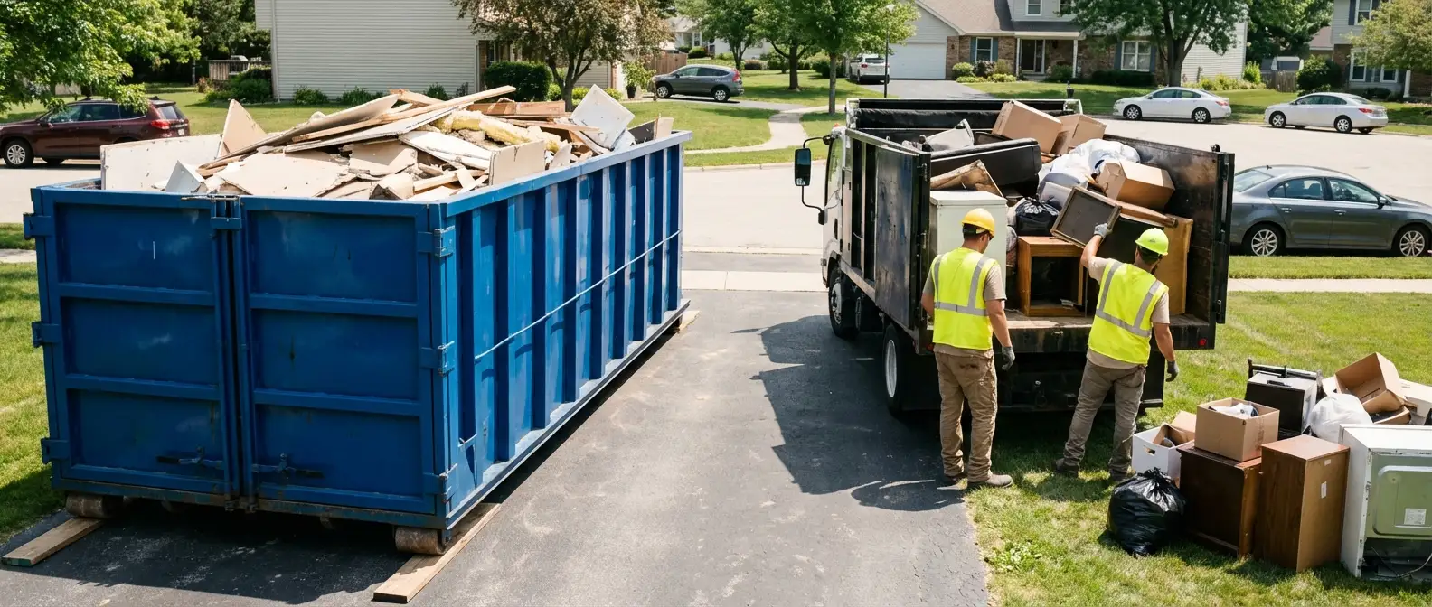Dumpster rental versus junk removal service comparison showing capacity differences in Waynesboro, GA