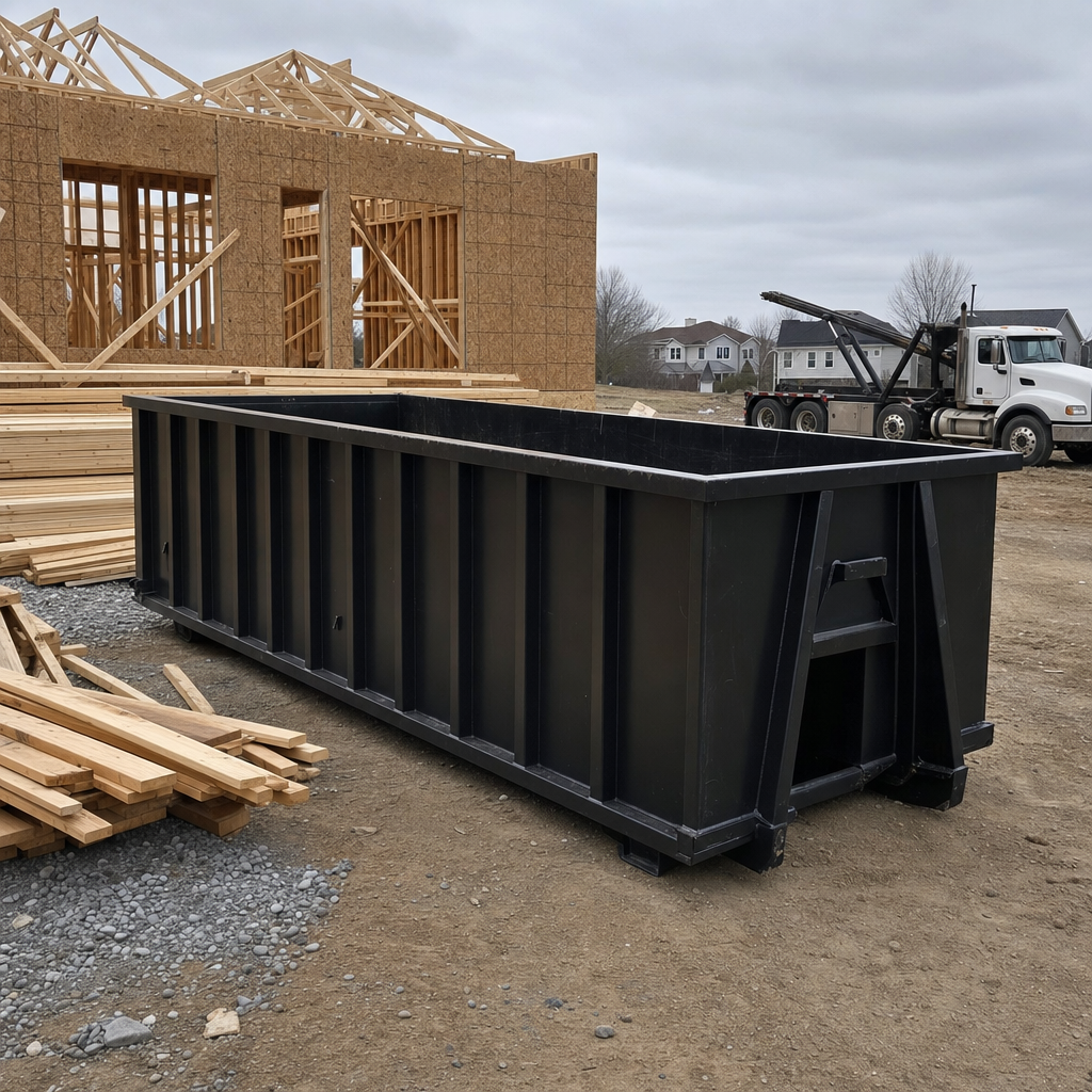 Matte-black 40-yard roll-off dumpster staged on a framed-out residential construction site in Waynesboro, framing lumber stacked nearby, hooklift delivery truck visible in the background under bright Colorado daylight