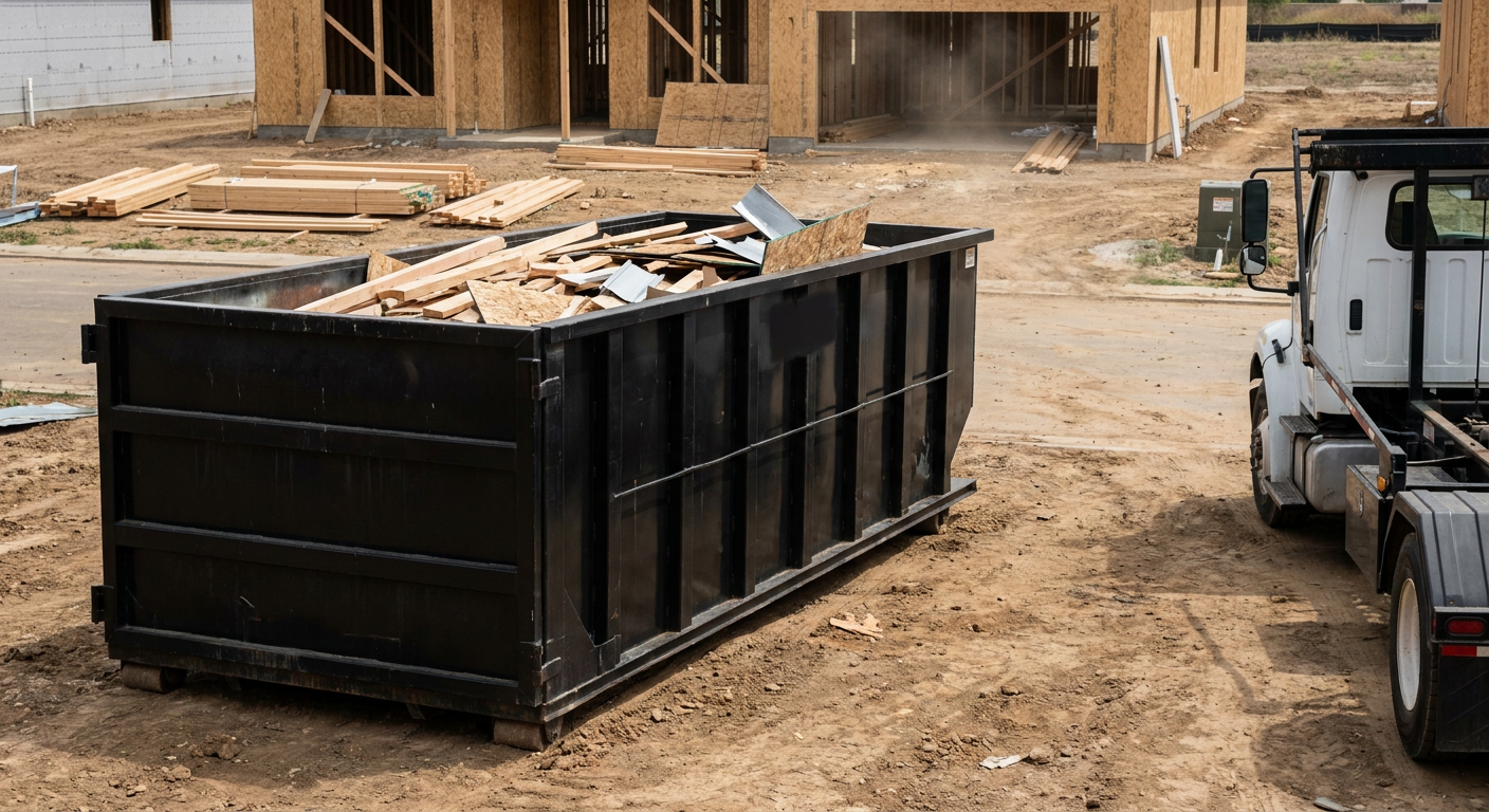 Matte-black 20-yard roll-off construction dumpster with heavy ribbed steel sidewalls and swing rear doors at a working jobsite in Waynesboro, sitting directly on compacted dirt with an unmarked white hauler partially visible at the far edge of the frame.