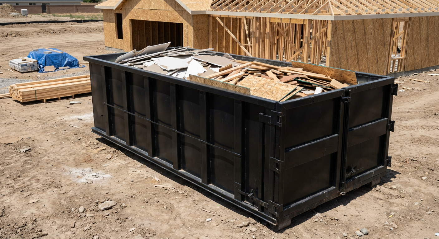 Matte-black 30-yard roll-off construction dumpster sitting directly on the compacted-dirt site of a framed single-family home build in Waynesboro, drywall and lumber scrap loaded inside.