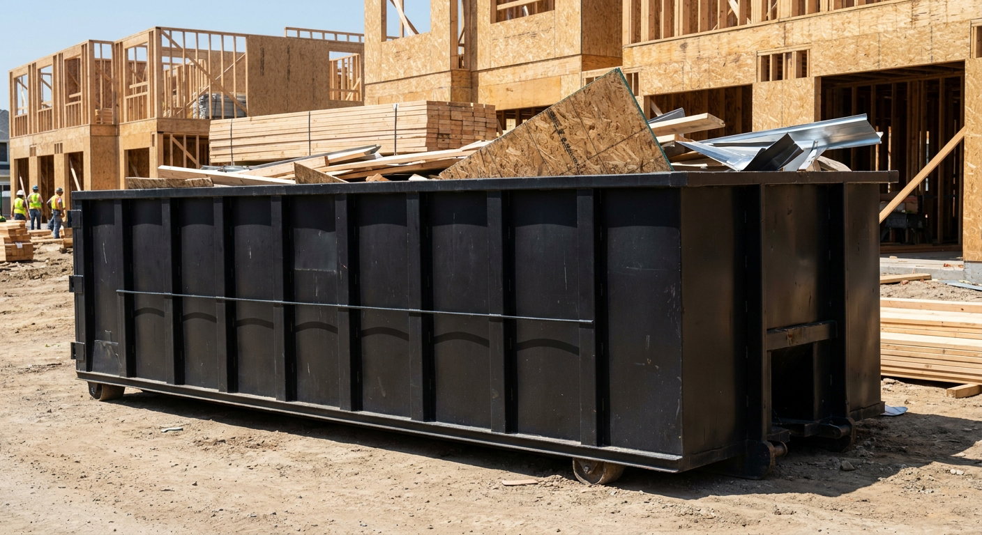 Matte-black 40-yard roll-off construction dumpster being lowered from a white-cab hooklift delivery truck onto the compacted-dirt jobsite at a commercial build site in Waynesboro