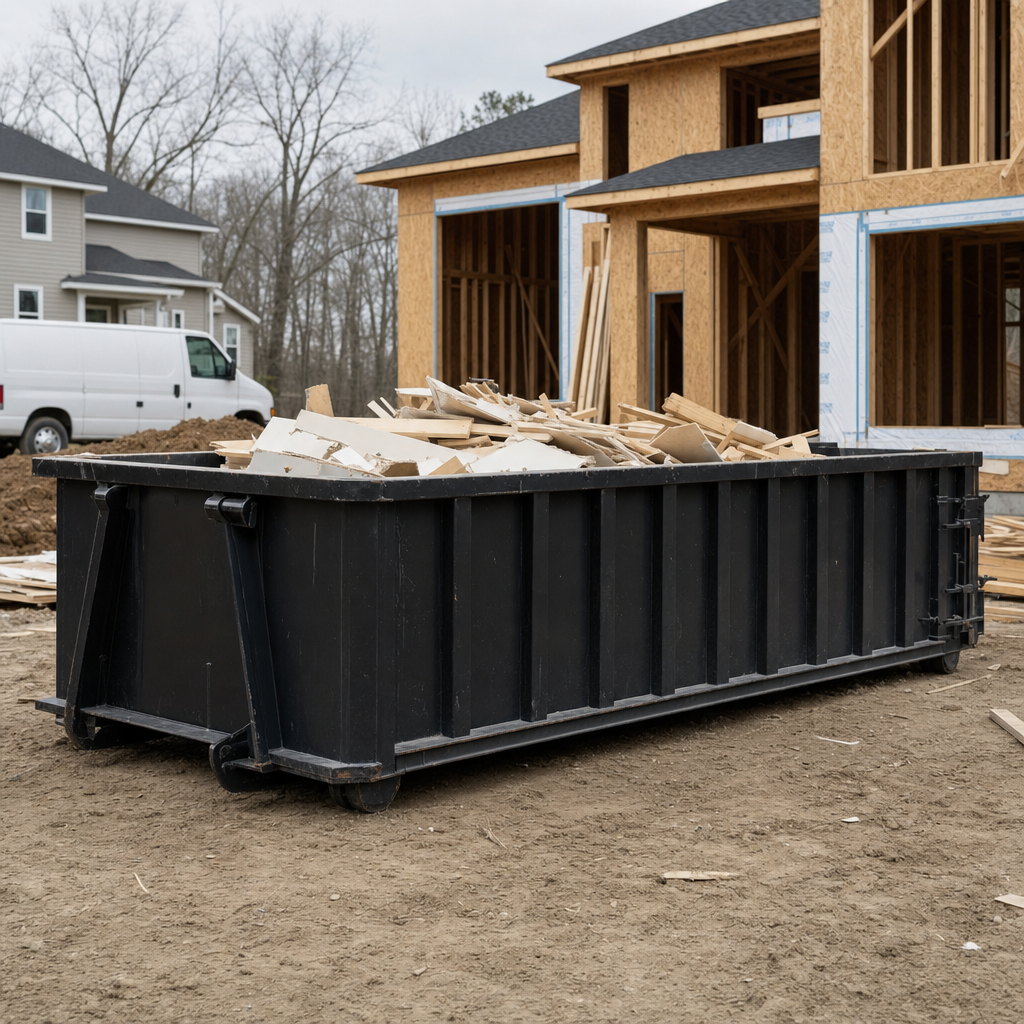 Worker in a yellow high-visibility vest tossing framing lumber and broken drywall into a matte-black 30-yard construction roll-off dumpster on an active build site in Waynesboro, bright daylight