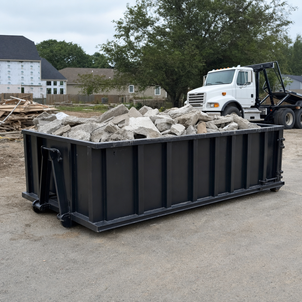 Low-profile matte-black lowboy roll-off dumpster loaded with broken concrete slab and rebar at a foundation tear-out in Waynesboro, skid steer parked beside it, sunny Colorado morning