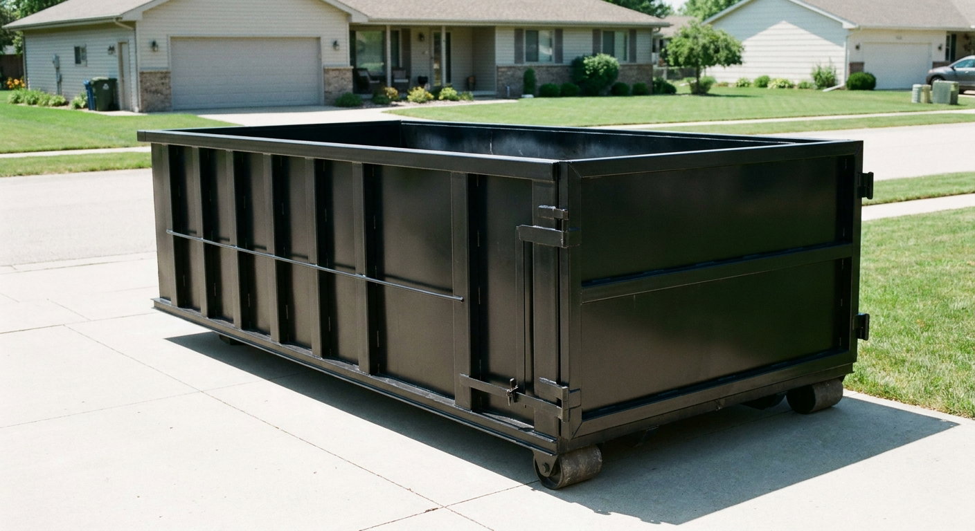 Matte-black 10-yard roll-off dumpster on a residential concrete driveway in Waynesboro, uniformly painted matte black across every panel and rail, ribbed steel sidewalls and rear swing door visible, mid-day daylight.
