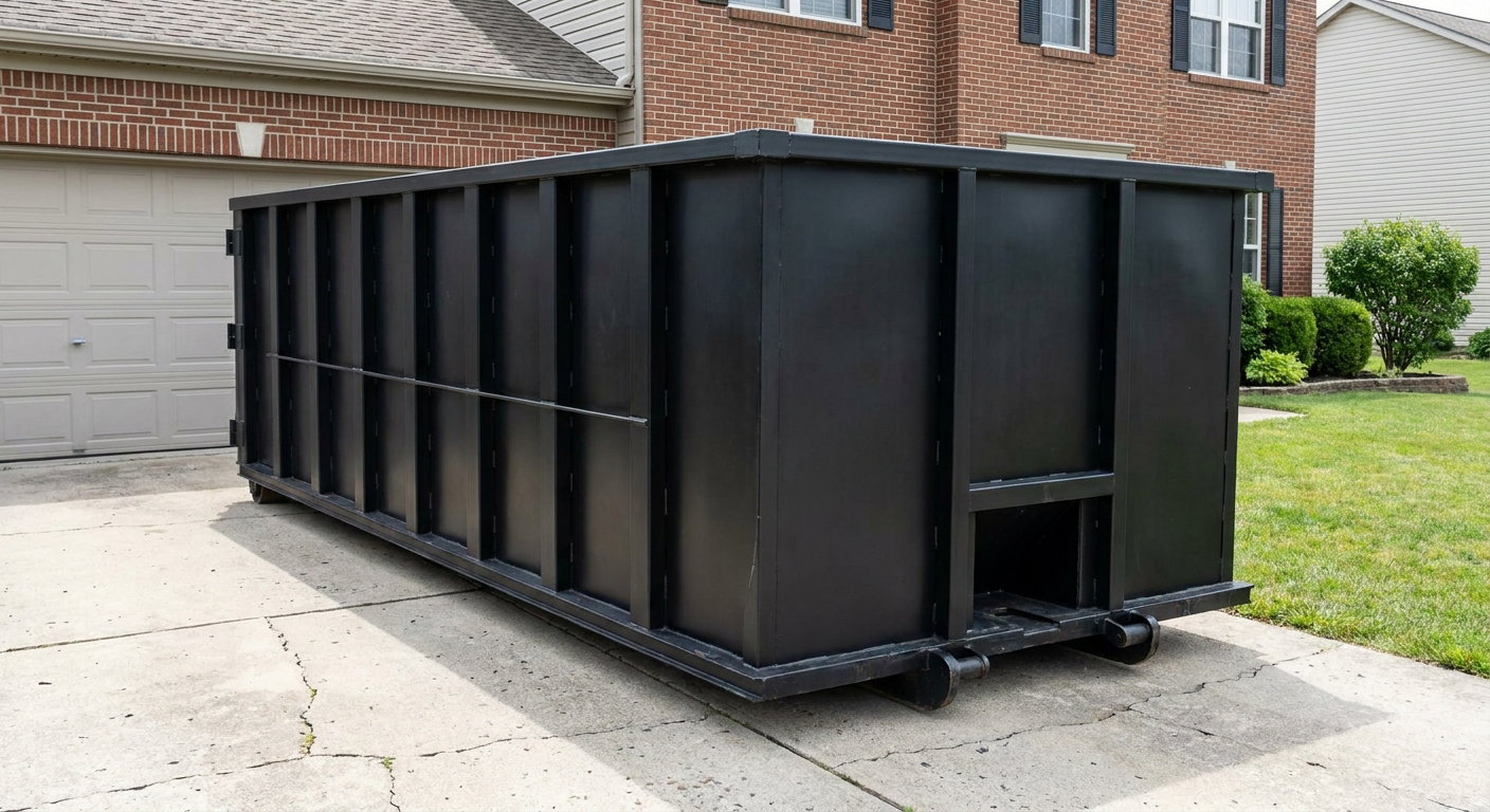 Matte-black 20-yard roll-off container on a Waynesboro residential concrete driveway with reinforced ribbed steel sidewalls and a hinged rear walk-in door, clean bright daylight.