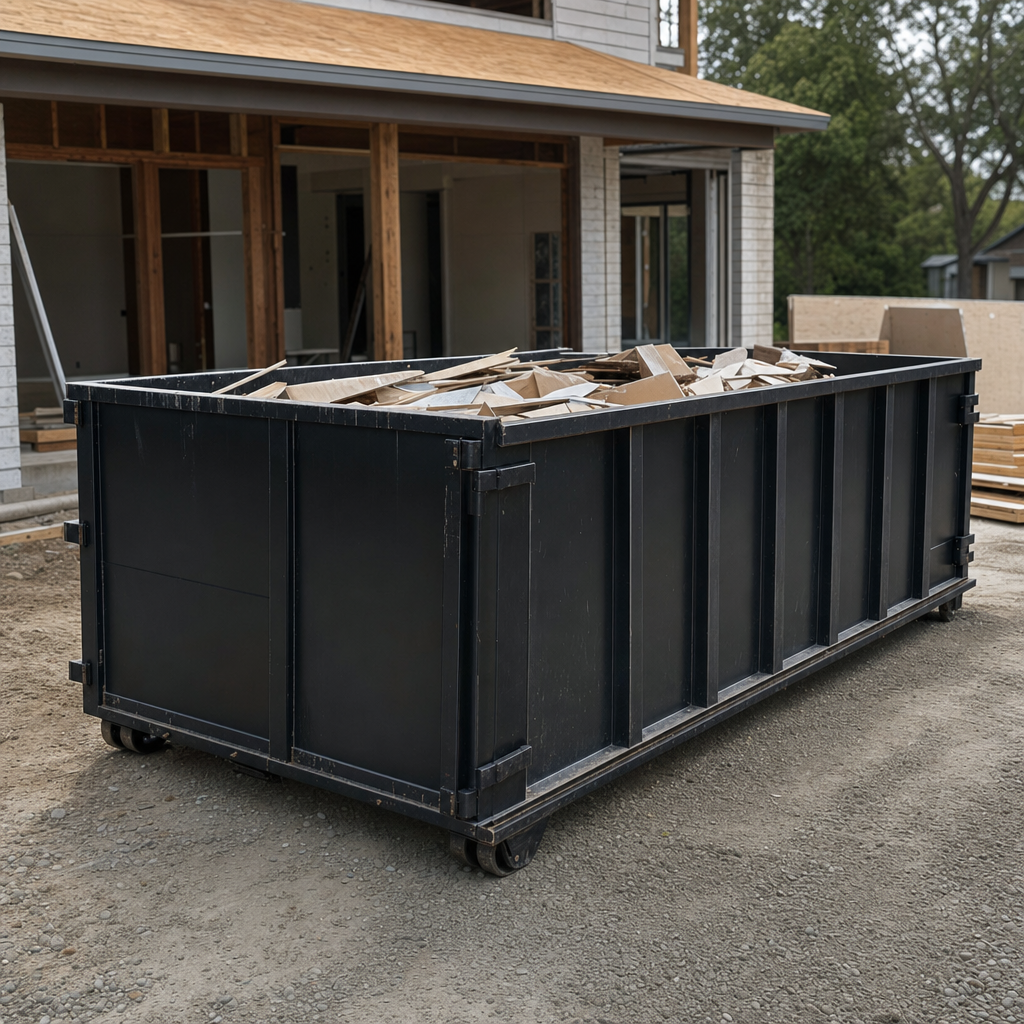 Large matte-black 30-yard construction roll-off dumpster at an active Waynesboro jobsite, steel-gray top rails and bottom rollers visible, loaded with construction debris.