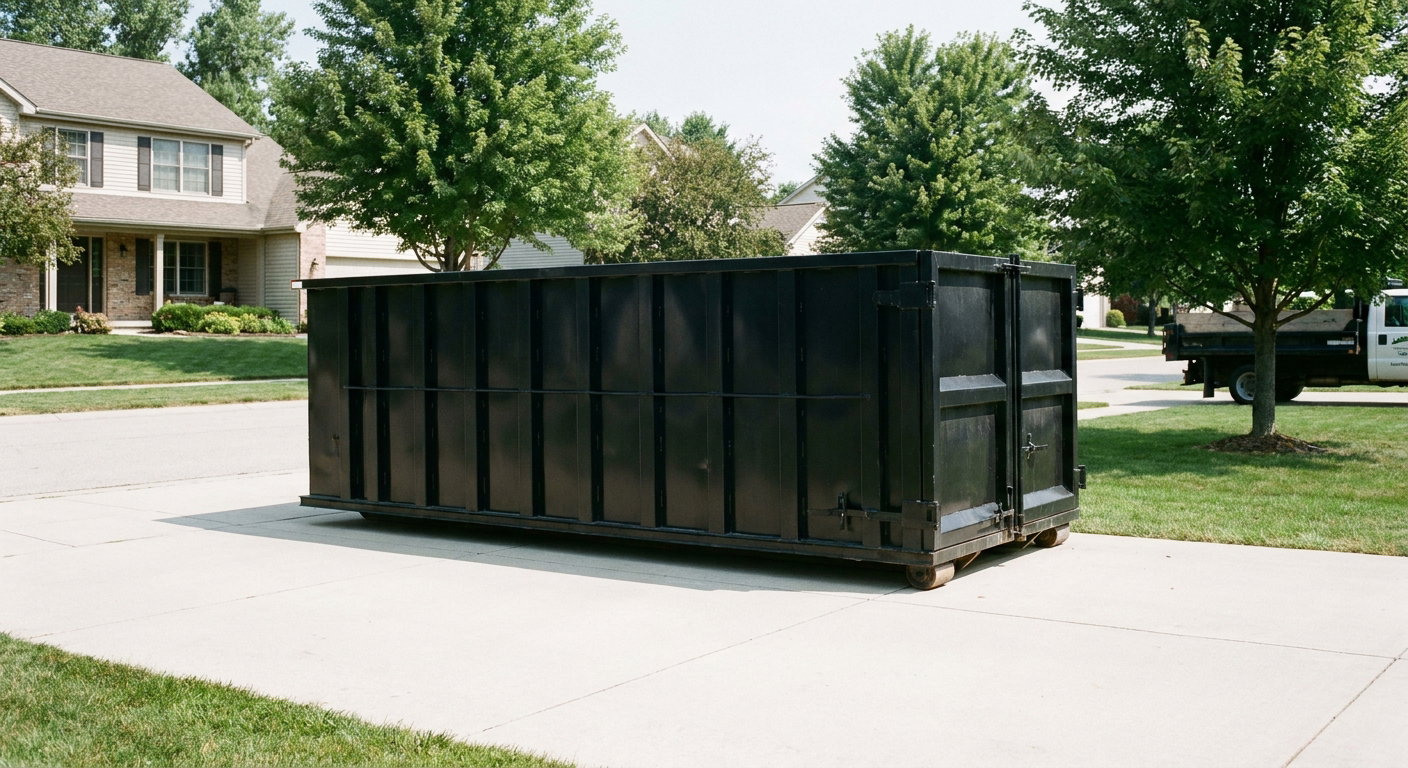 Matte-black 20-yard roll-off dumpster sitting level on a clean Waynesboro residential concrete driveway under bright daylight, demonstrating clean placement directly on the concrete.