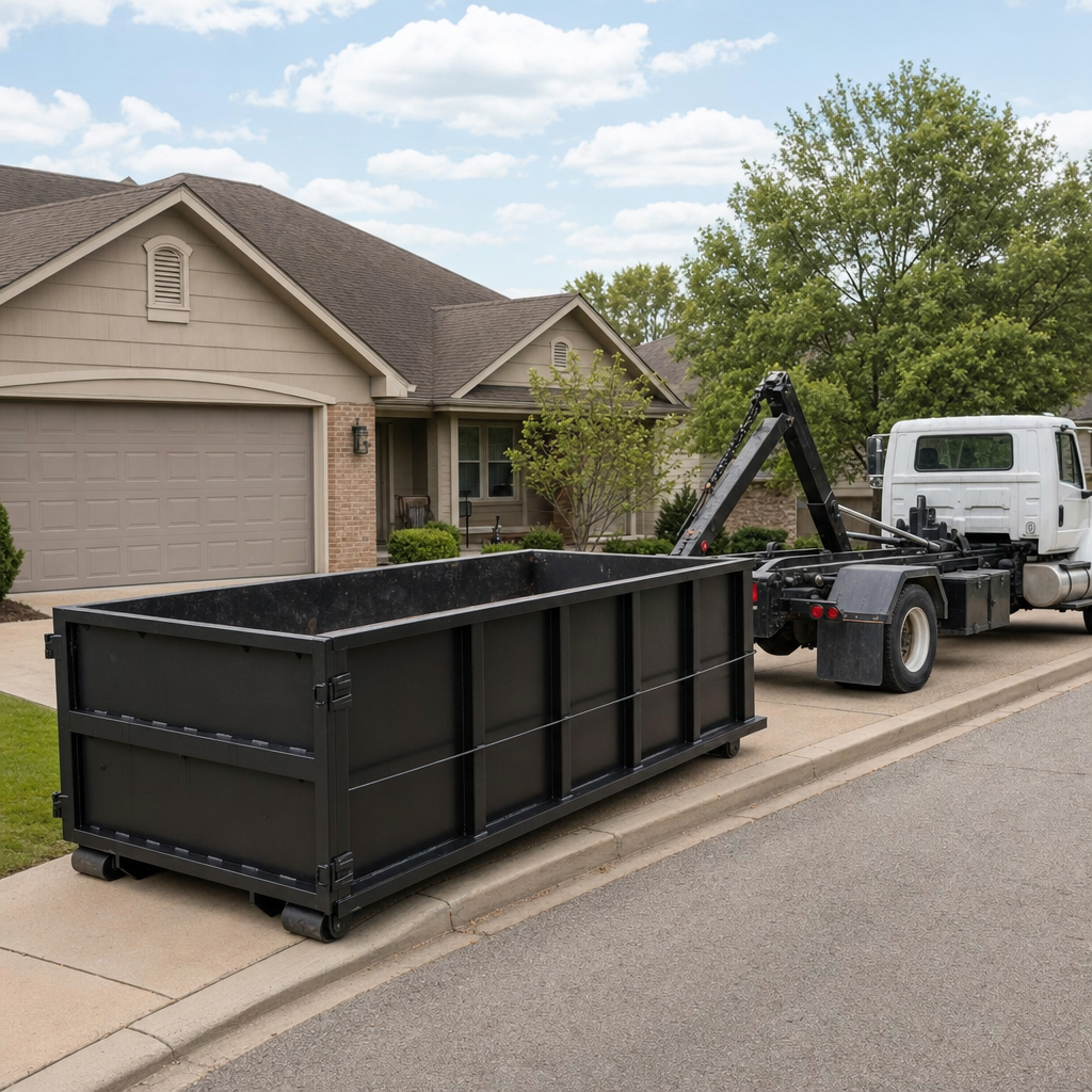 Wide documentary shot of a matte-black roll-off dumpster on a Waynesboro residential driveway in the foreground and a contractor jobsite container in the soft-focus background, bright daylight, calm and orderly composition.