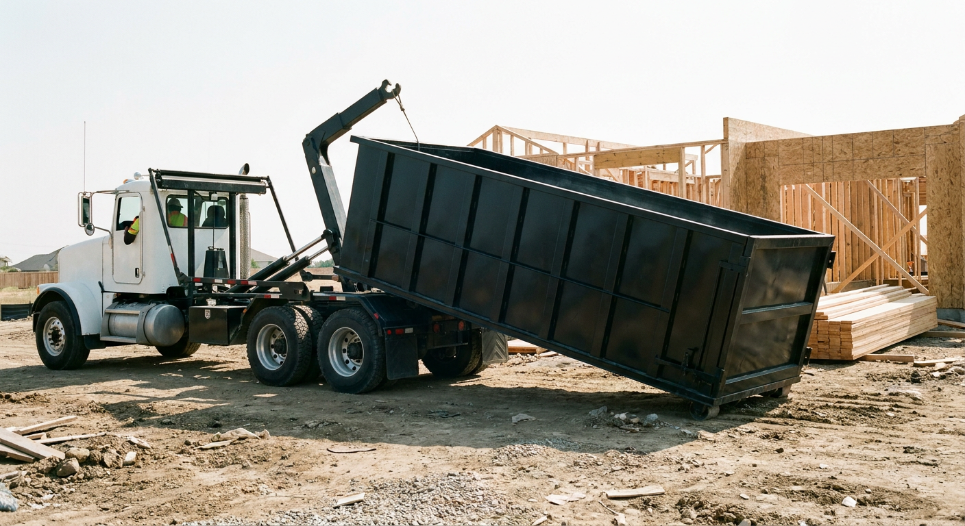 Matte-black roll-off dumpster being delivered onto a clean residential concrete driveway in Waynesboro by an unmarked white hooklift hauler truck, bright morning daylight, documentary 35mm perspective.