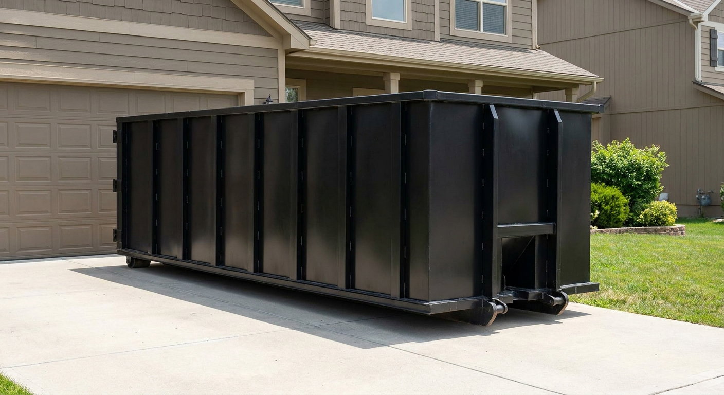 Matte-black residential roll-off dumpster sitting directly on a suburban Waynesboro concrete driveway, garage door closed, single-family home in background, bright morning daylight.