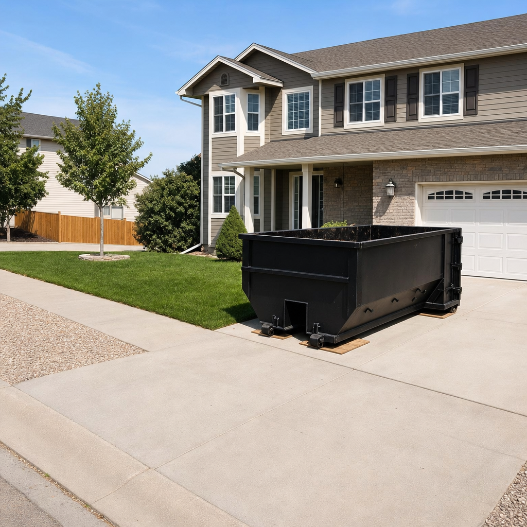 10-yard matte-black residential dumpster placed directly on a narrow Waynesboro concrete driveway, room remains for a parked sedan beside it, mid-morning natural light