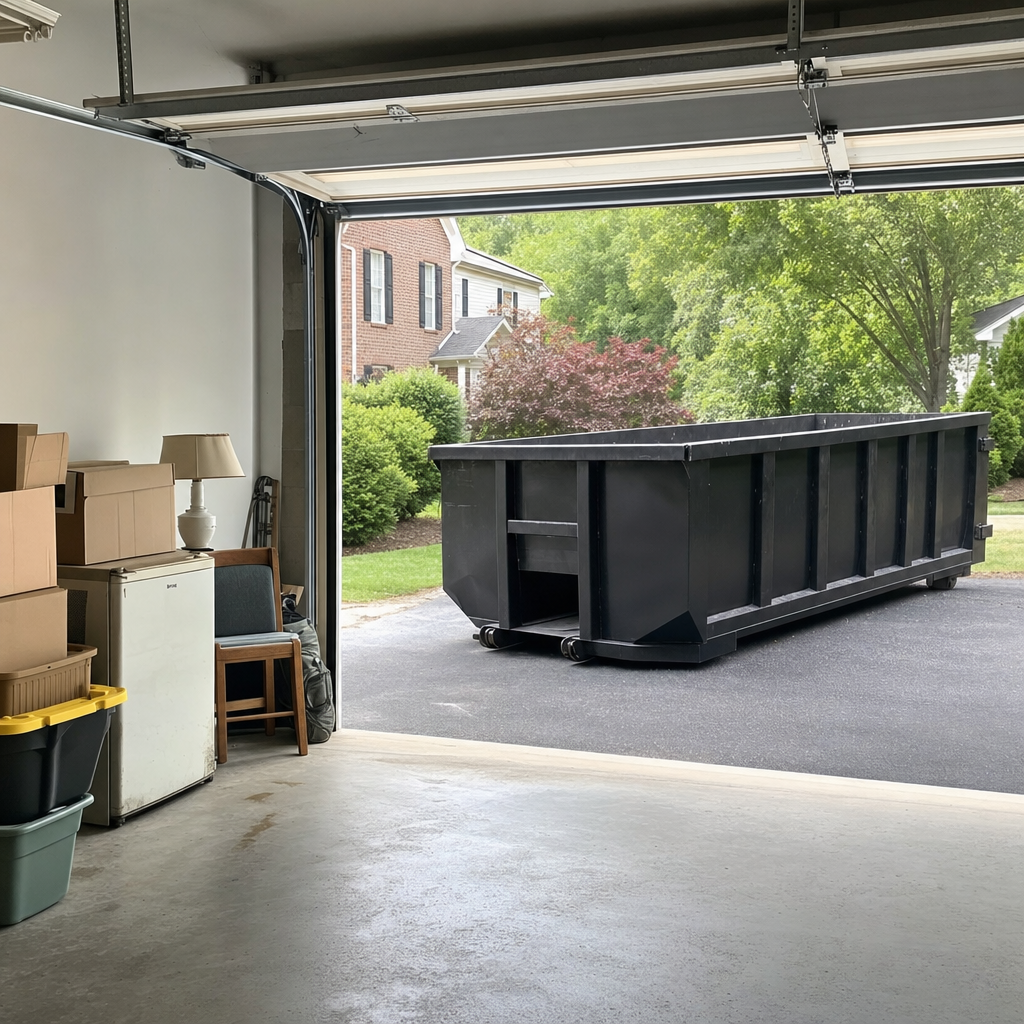 Open garage interior in a Waynesboro home mid-cleanout — boxed items, an old appliance, and stacked yard tools queued near the driveway for a matte-black roll-off dumpster, organized and calm