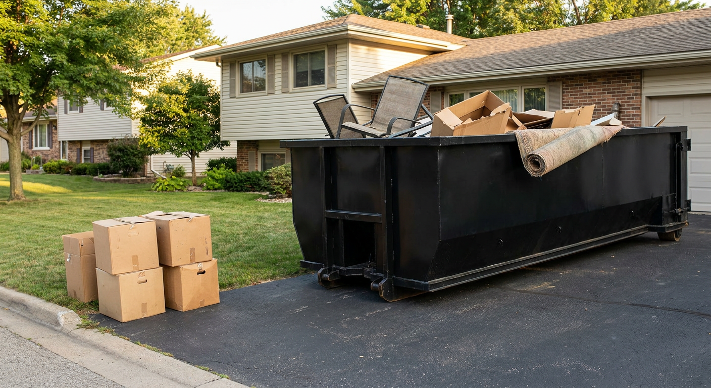 Front-yard view of a Waynesboro split-level home with a 20-yard matte-black roll-off dumpster sitting directly on the asphalt driveway, a few clearly labeled donation boxes staged at the curb, calm sunny afternoon.