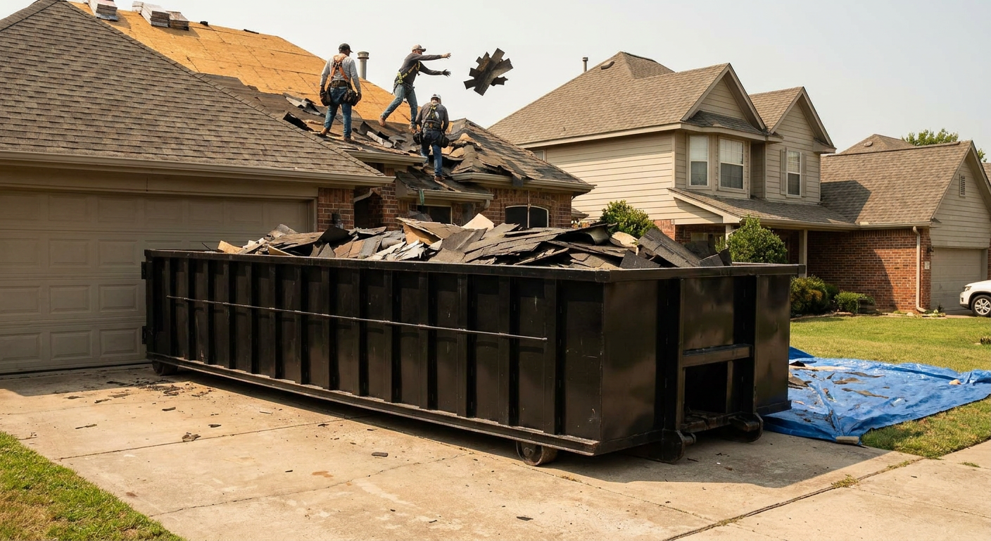 Matte-black roofing roll-off dumpster placed directly on a Waynesboro residential concrete driveway, a tear-off crew on a two-story asphalt-shingle roof tossing shingle bundles into the low-walled container, bright daylight, documentary 35mm perspective.