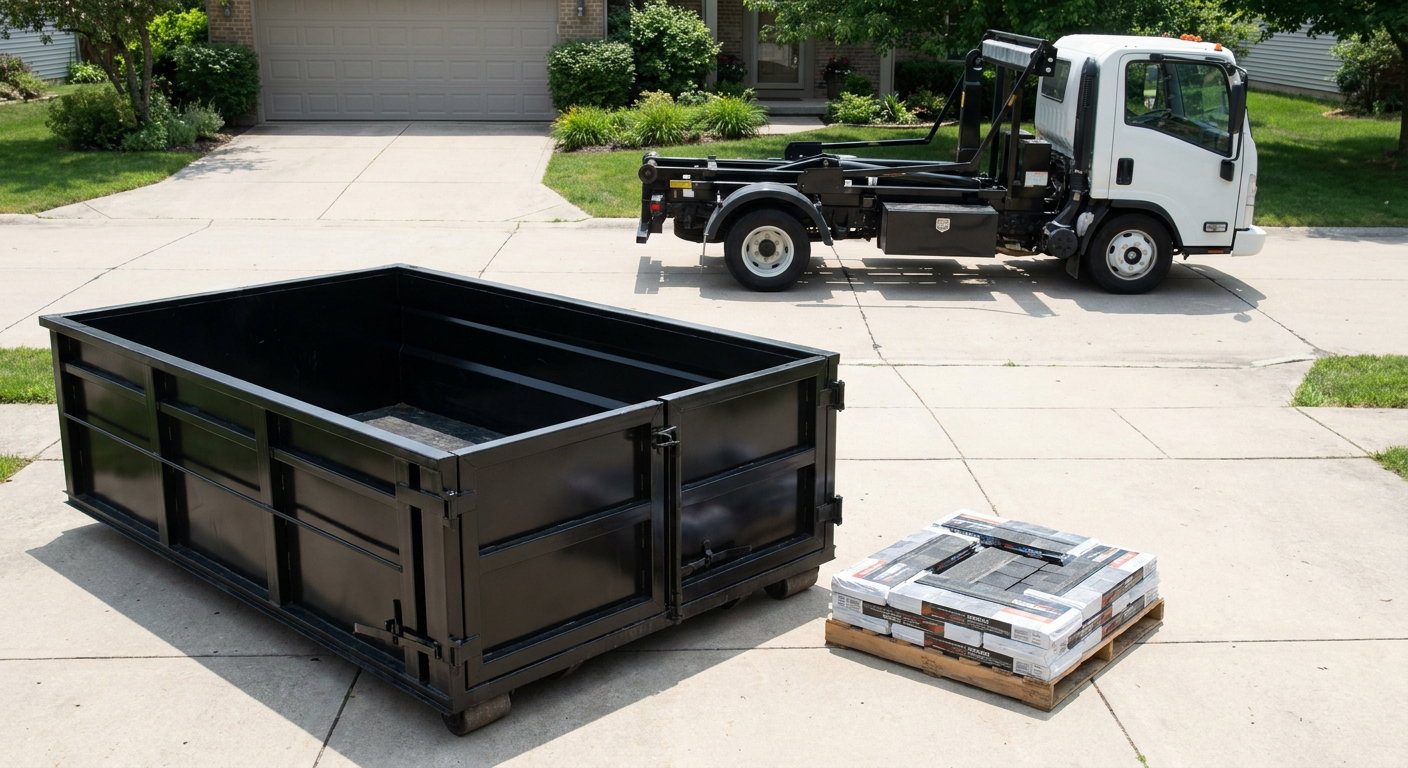 Matte-black 15-yard roofing roll-off dumpster with reinforced low side walls sitting directly on a Waynesboro residential concrete driveway, three-tab asphalt shingle bundles stacked nearby, an unmarked white hauler truck partially visible at the edge of the frame.