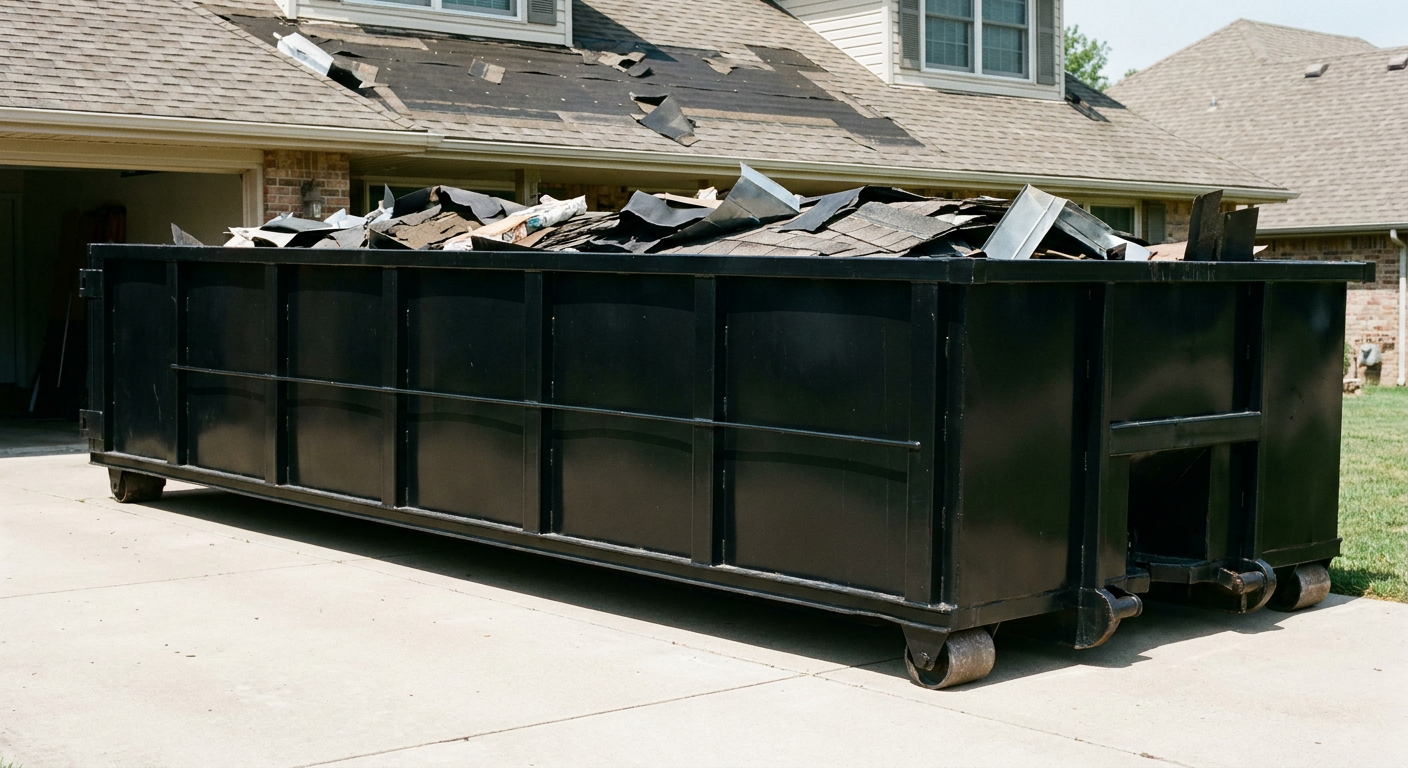 Matte-black 20-yard roofing roll-off dumpster with steel ribbed sides and swinging rear door, sitting directly on the concrete driveway of a two-story Waynesboro home, asphalt shingle debris being loaded over the low wall, clean documentary lighting.