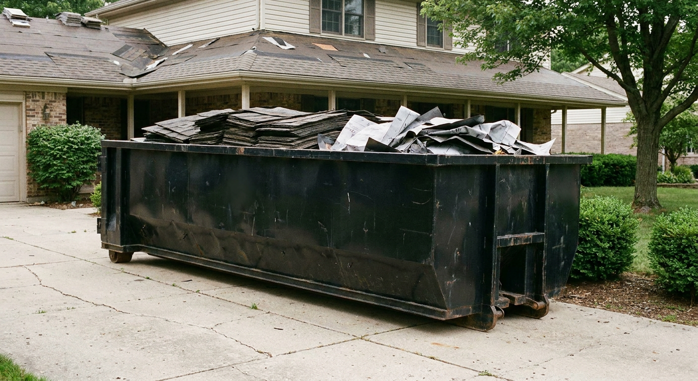Matte-black 30-yard roofing roll-off dumpster sitting directly on a Waynesboro concrete driveway, taller ribbed steel side panels, mixed tear-off debris of asphalt shingles and underlayment inside, professional documentary daylight.