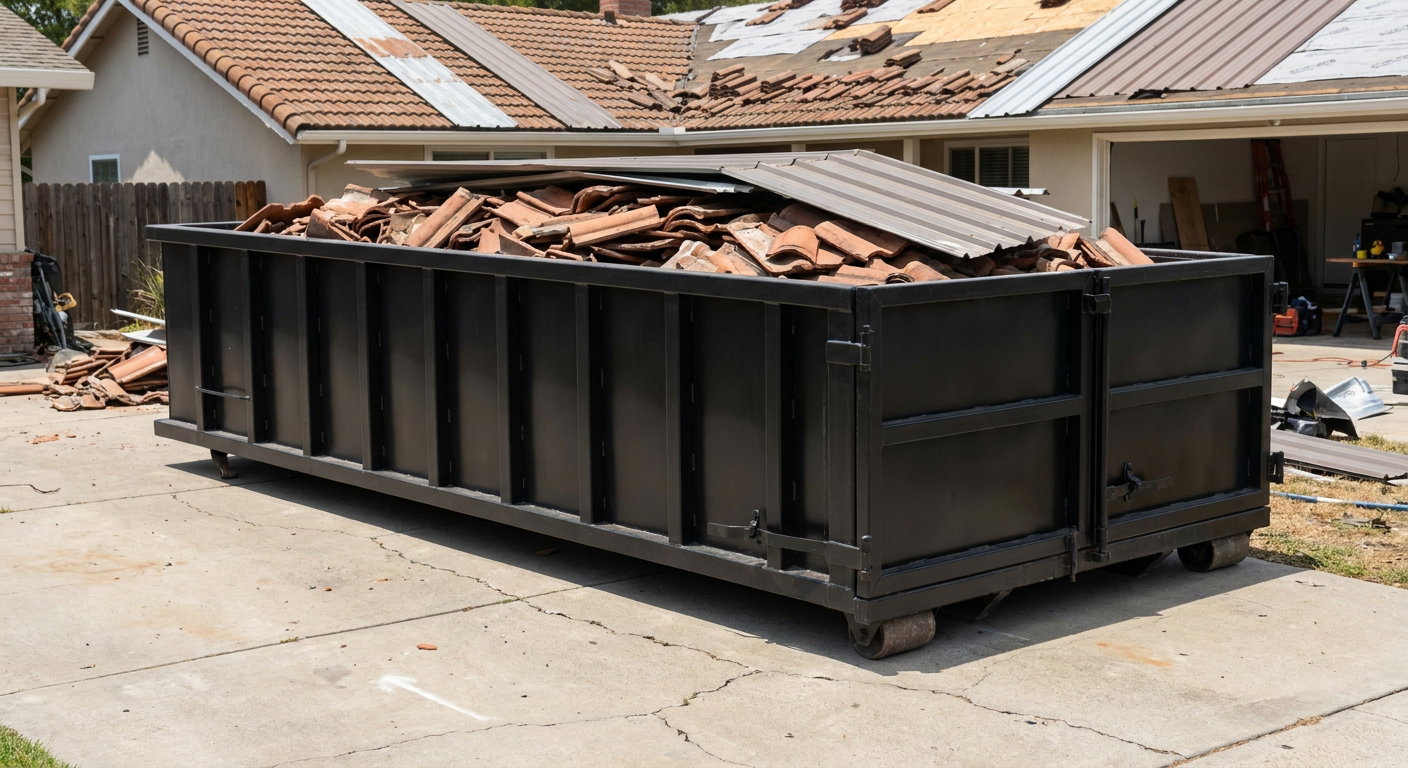 Matte-black low-wall heavy-debris roofing roll-off dumpster sitting directly on a Waynesboro concrete driveway, broken concrete clay roof tiles and metal panel sections loaded inside, reinforced ribbed steel side walls visible, bright outdoor daylight.
