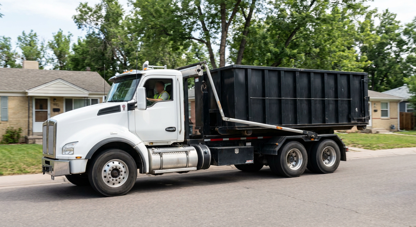 A wide documentary shot of a matte-black roll-off delivery truck pulling onto a quiet Waynesboro residential street at mid-morning, with neighborhood rooftops and tree-lined blocks visible behind, showing the metro coverage footprint.