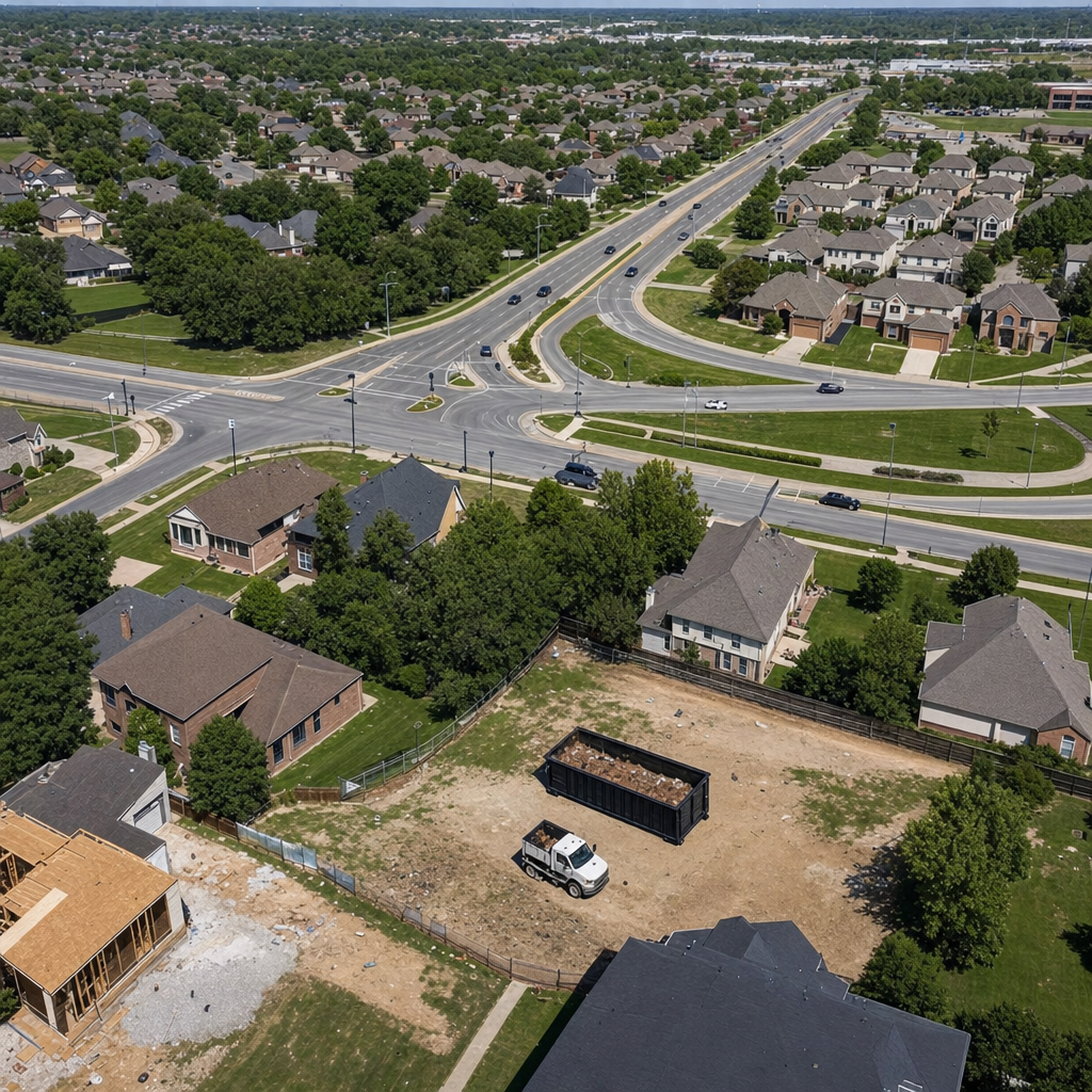An overhead documentary view of the Waynesboro metro area at midday, showing the spread of neighborhoods, arterial roads, and the dispatch radius from a central yard — clean daylight, organized geographic layout.