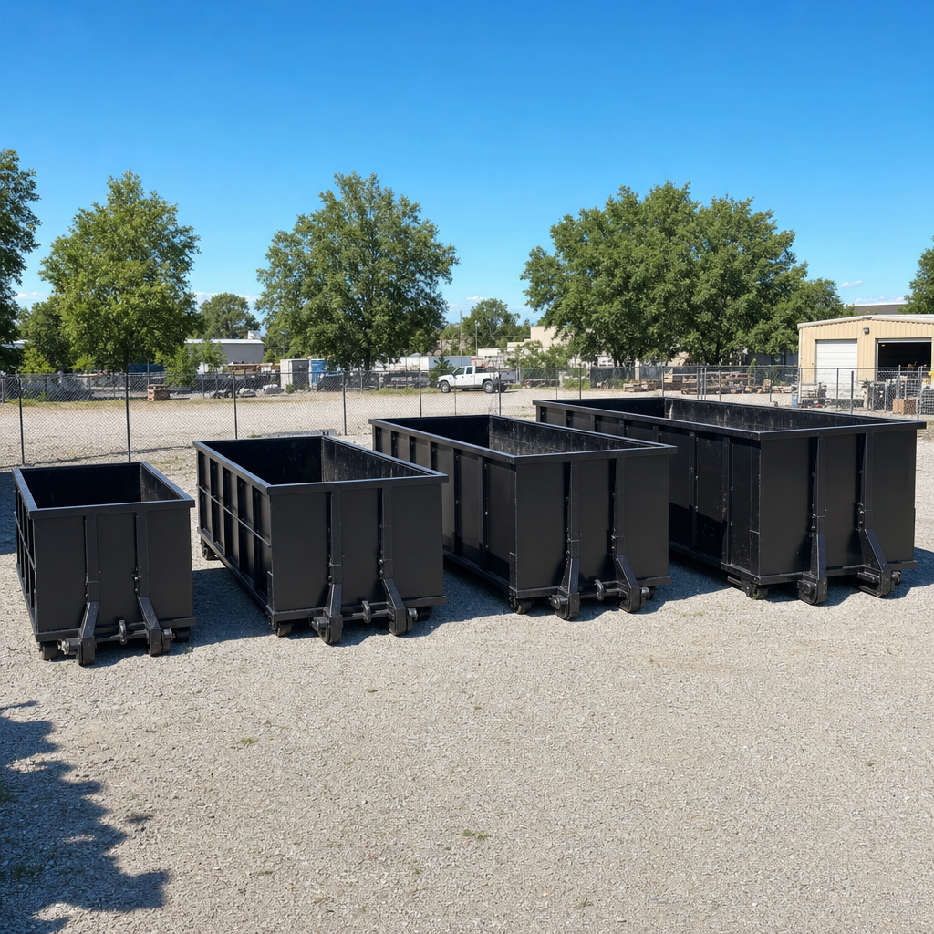 A clean lineup of matte-black roll-off dumpsters in 10, 20, 30, and 40-yard sizes staged on a sunlit gravel yard in Waynesboro, showing the size progression from compact to commercial-scale containers.
