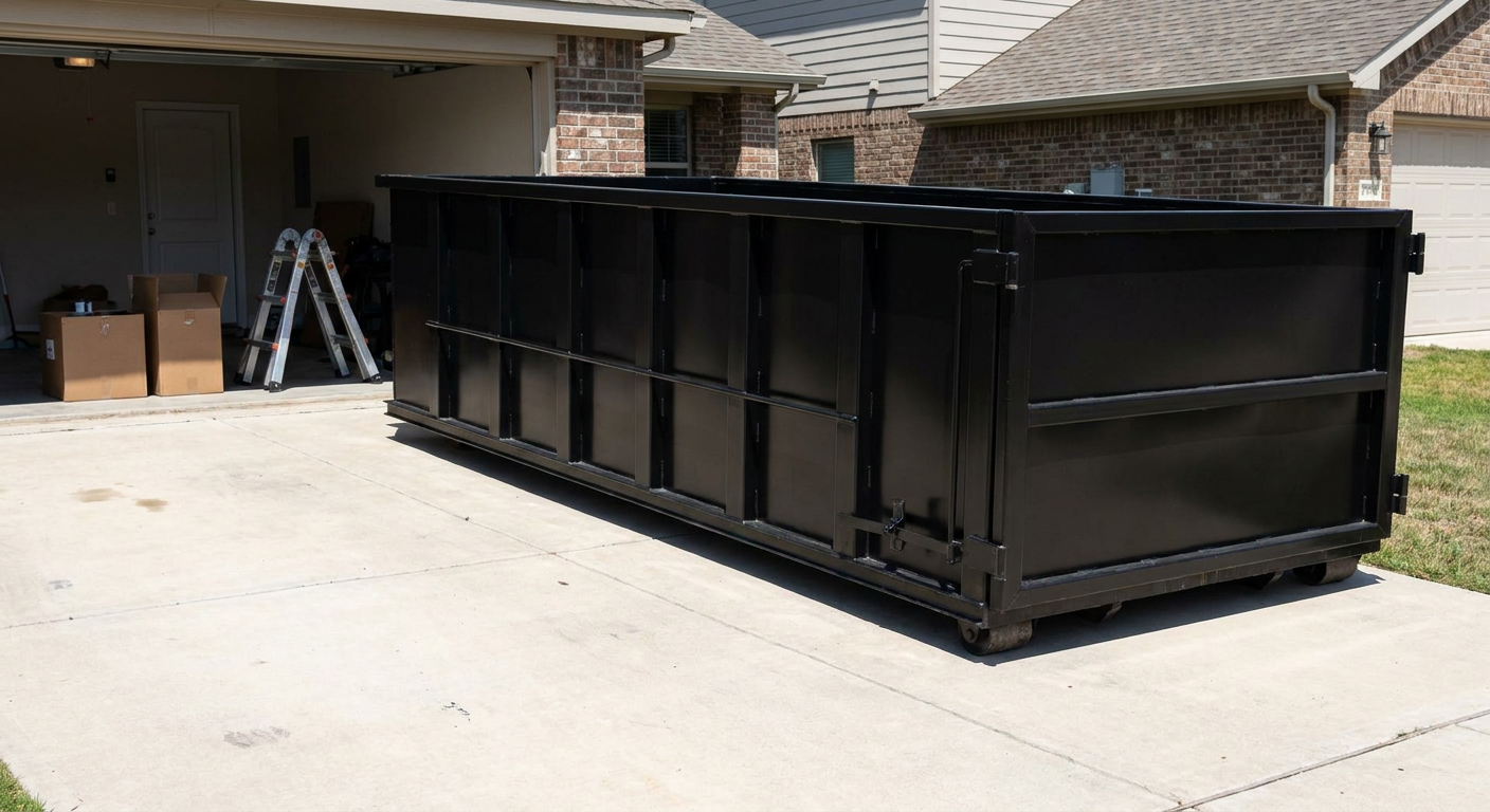 A matte-black 10-yard roll-off dumpster sitting directly on a residential Waynesboro concrete driveway, mid-day sunlight, clean and ready for a garage cleanout.