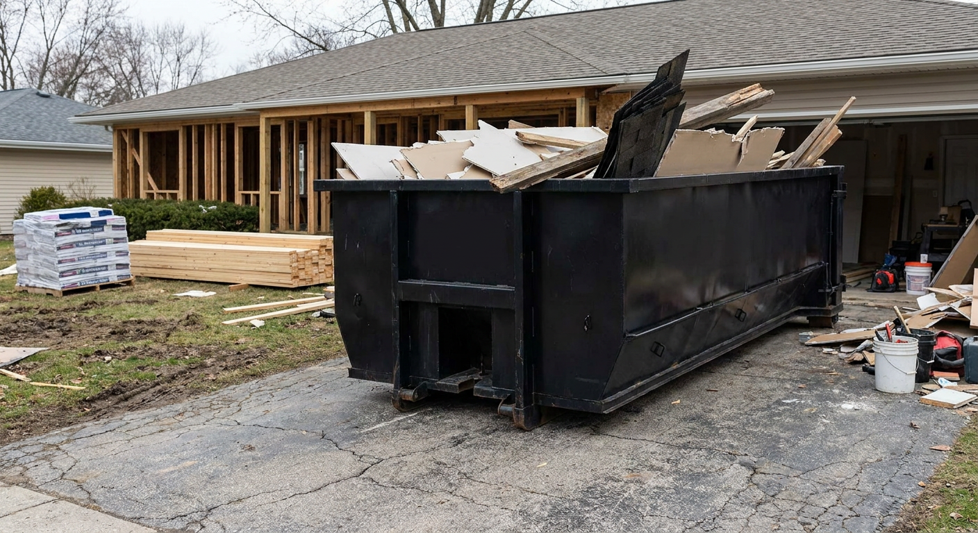 A matte-black 20-yard roll-off dumpster placed alongside a mid-renovation Waynesboro home directly on the asphalt driveway, with framing materials and torn-off shingles staged neatly nearby.