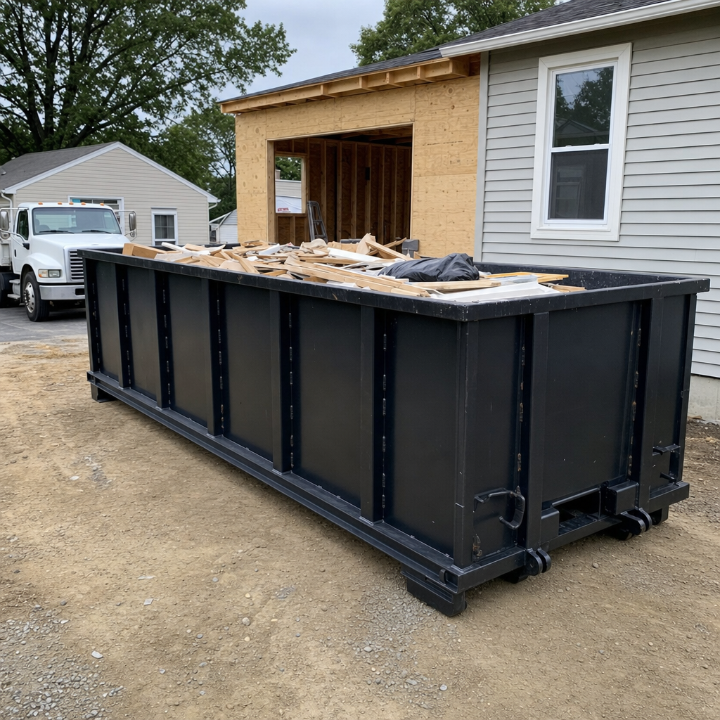 A matte-black 30-yard roll-off dumpster positioned at a Waynesboro residential addition jobsite, with framing lumber and drywall scraps loaded through the open swinging rear doors.