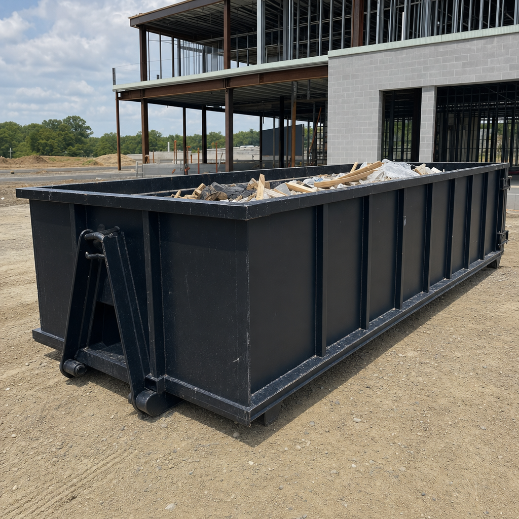 A matte-black 40-yard roll-off dumpster staged on a large Waynesboro commercial construction lot, with a hooklift delivery truck parked alongside under bright midday sky.