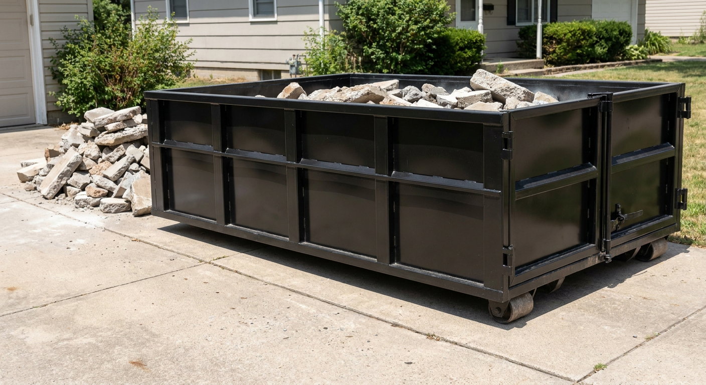 A matte-black low-side heavy-debris roll-off dumpster placed directly on a Waynesboro concrete driveway, with broken concrete chunks neatly stacked beside it under clean daylight.
